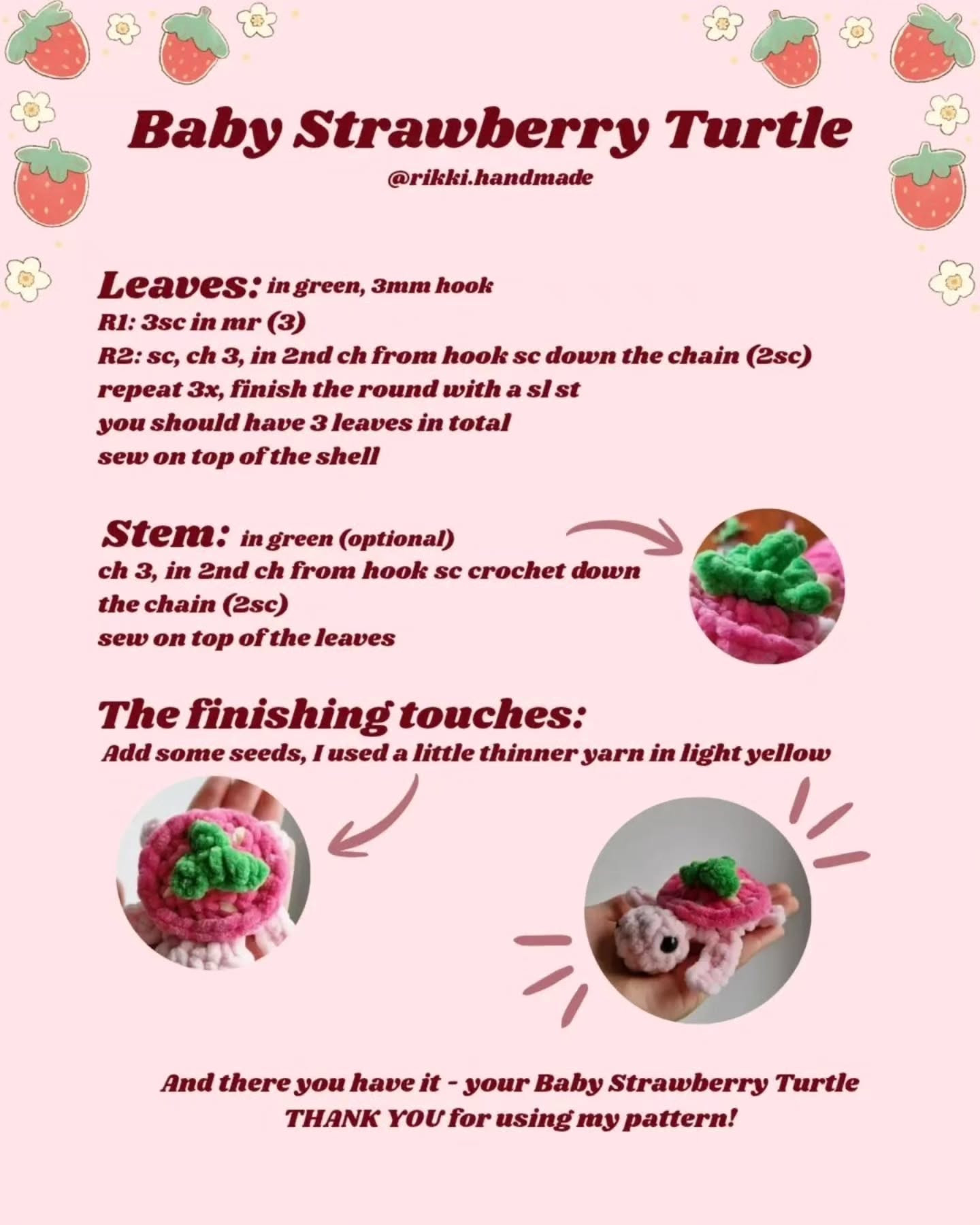 Free Crochet Pattern for Baby Strawberry Turtle Amigurumi with Chenille Yarn