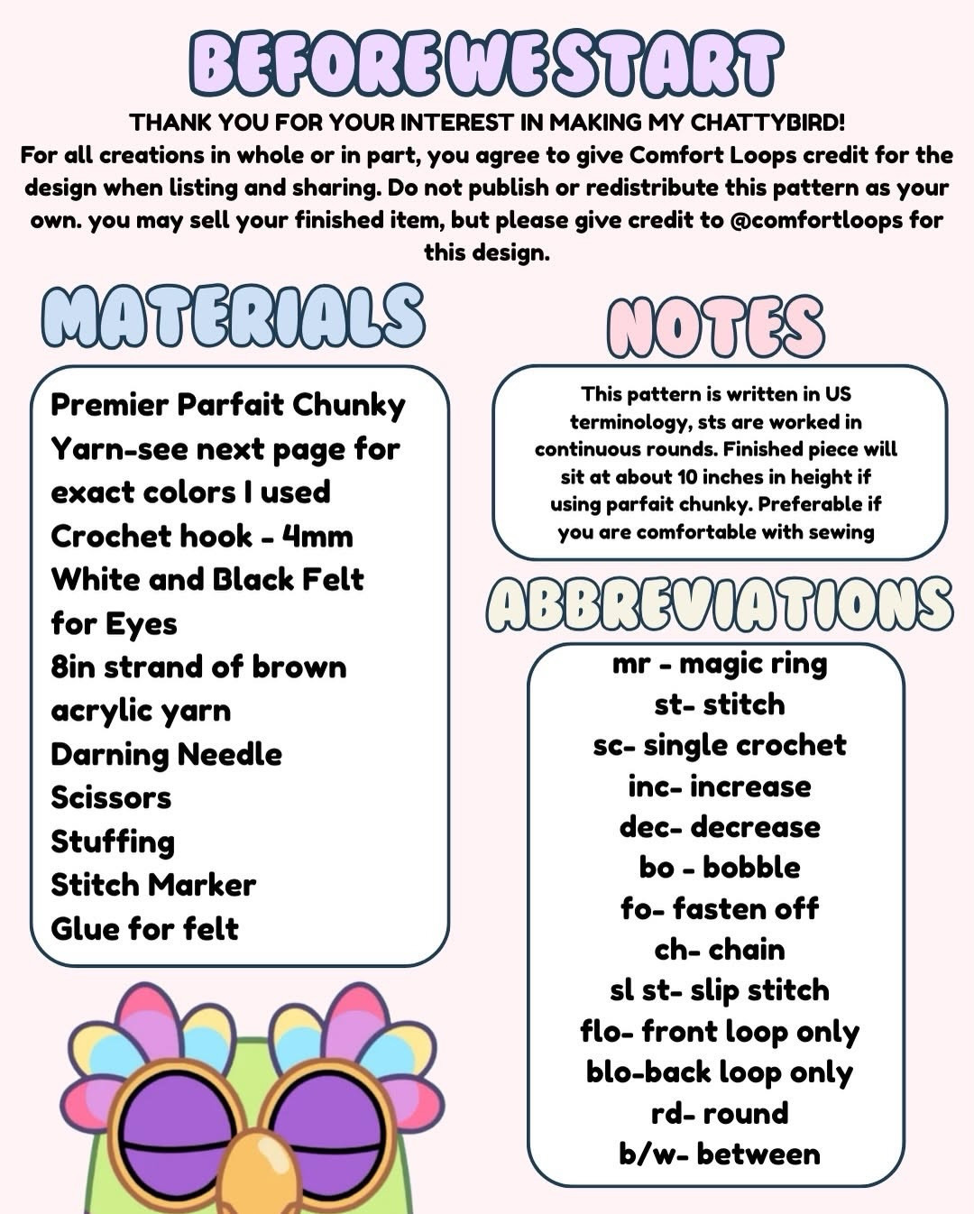 Free Crochet Pattern for Chattybird Amigurumi by Comfort Loops with Color Guide and Instructions