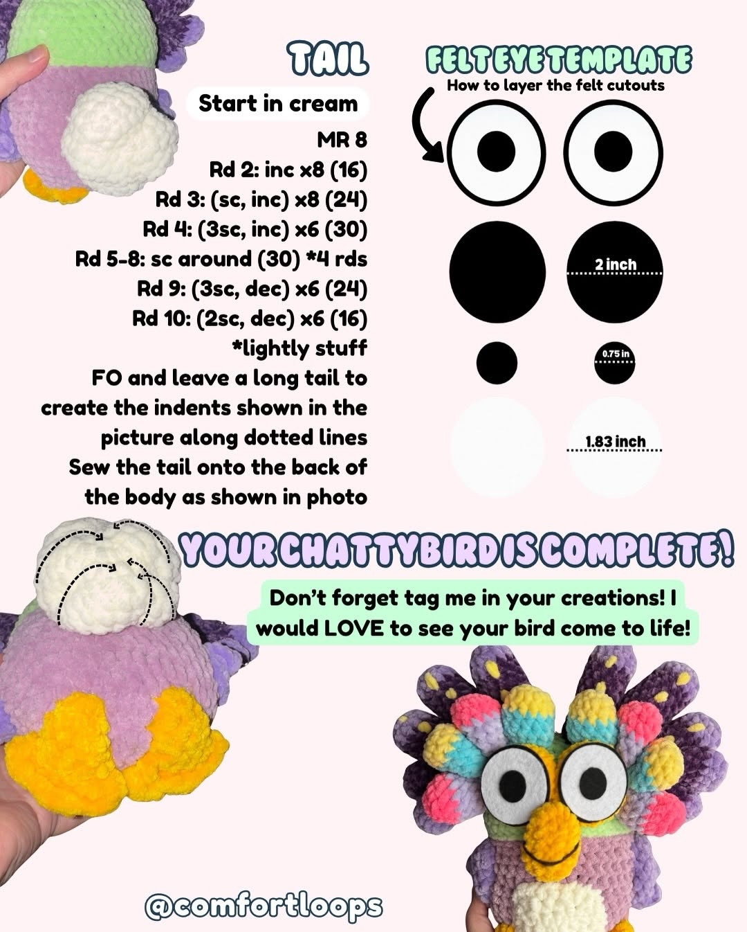 Free Crochet Pattern for Chattybird Amigurumi by Comfort Loops with Color Guide and Instructions