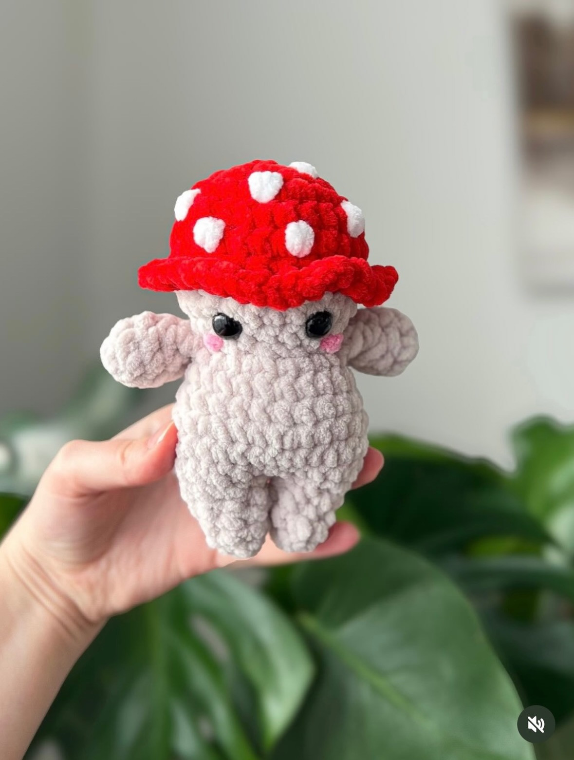 Free Crochet Pattern for Cheeky Mushroom Amigurumi Doll - No Sew, Chenille Yarn