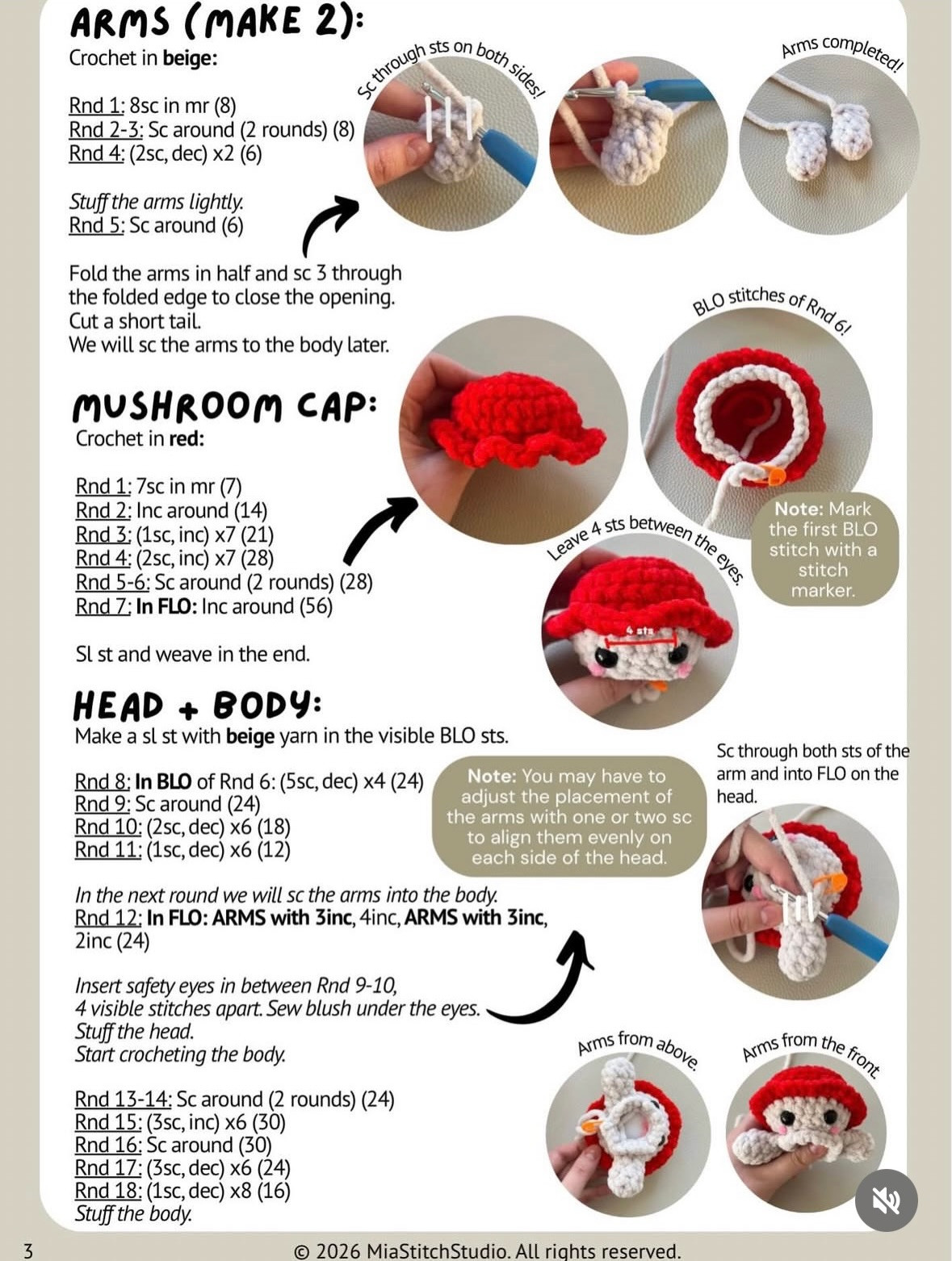 Free Crochet Pattern for Cheeky Mushroom Amigurumi Doll - No Sew, Chenille Yarn