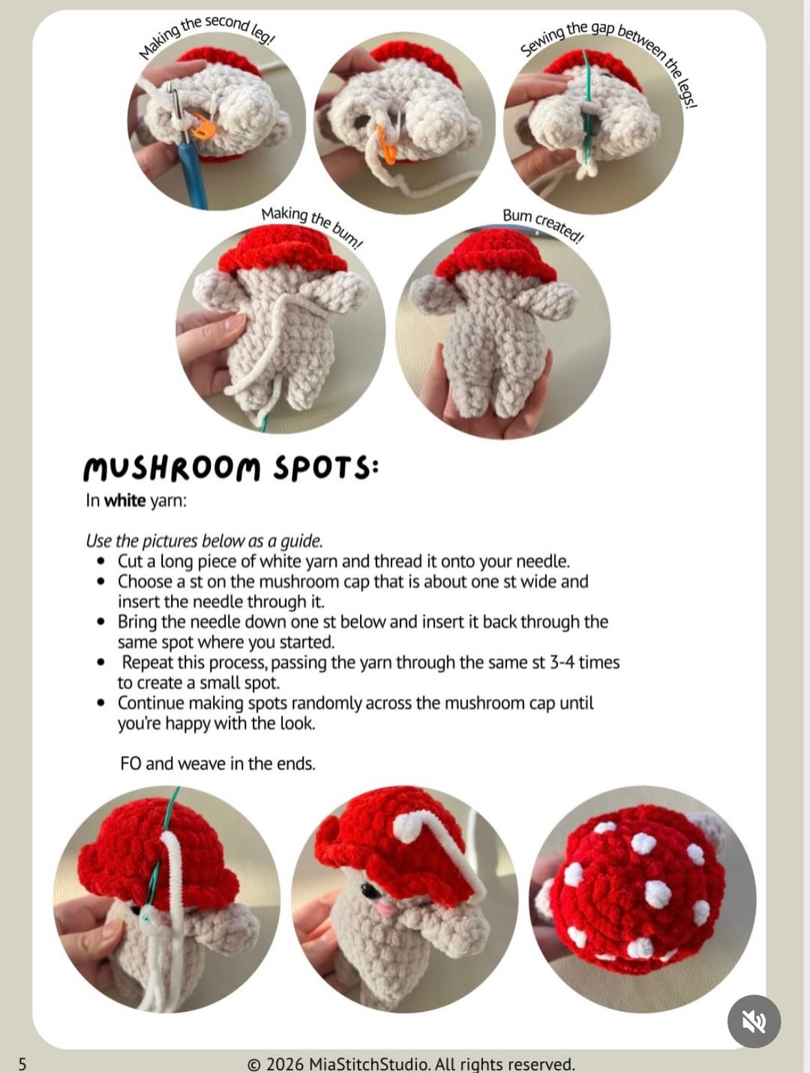 Free Crochet Pattern for Cheeky Mushroom Amigurumi Doll - No Sew, Chenille Yarn