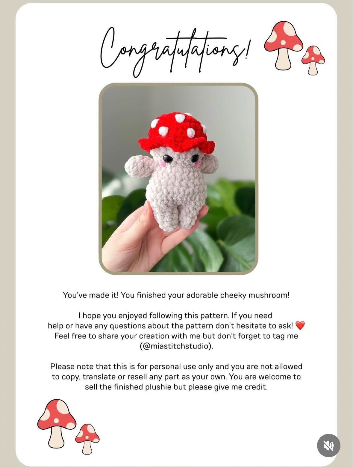Free Crochet Pattern for Cheeky Mushroom Amigurumi Doll - No Sew, Chenille Yarn