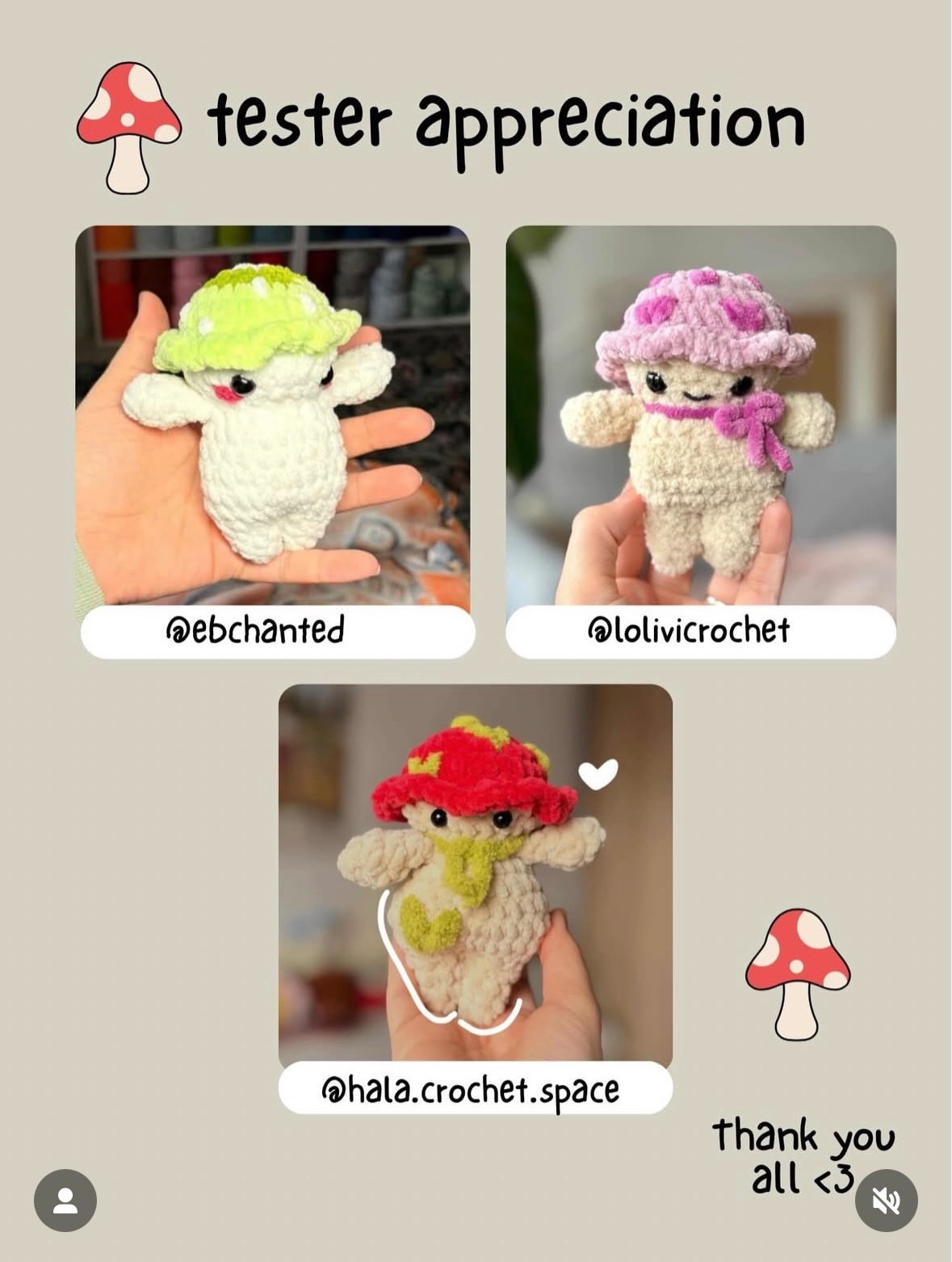 Free Crochet Pattern for Cheeky Mushroom Amigurumi Doll - No Sew, Chenille Yarn