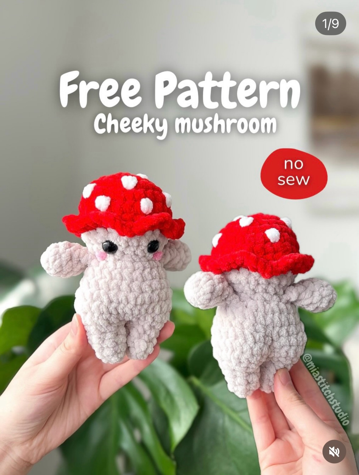 Free Crochet Pattern for Cheeky Mushroom Amigurumi Doll - No Sew, Chenille Yarn