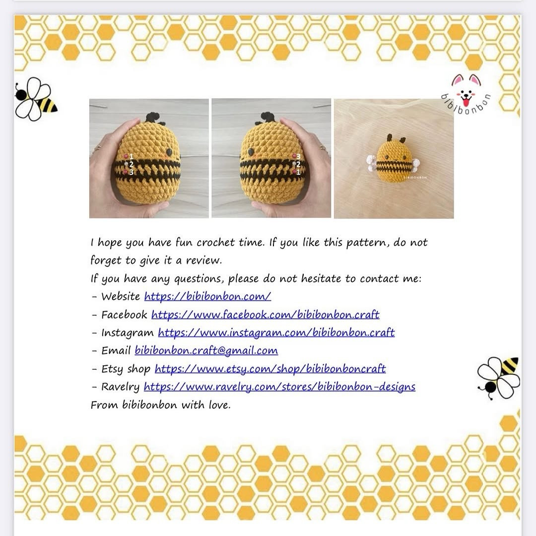 Free Crochet Pattern for Chubby Bee by Bibibonbon - No Sew Amigurumi