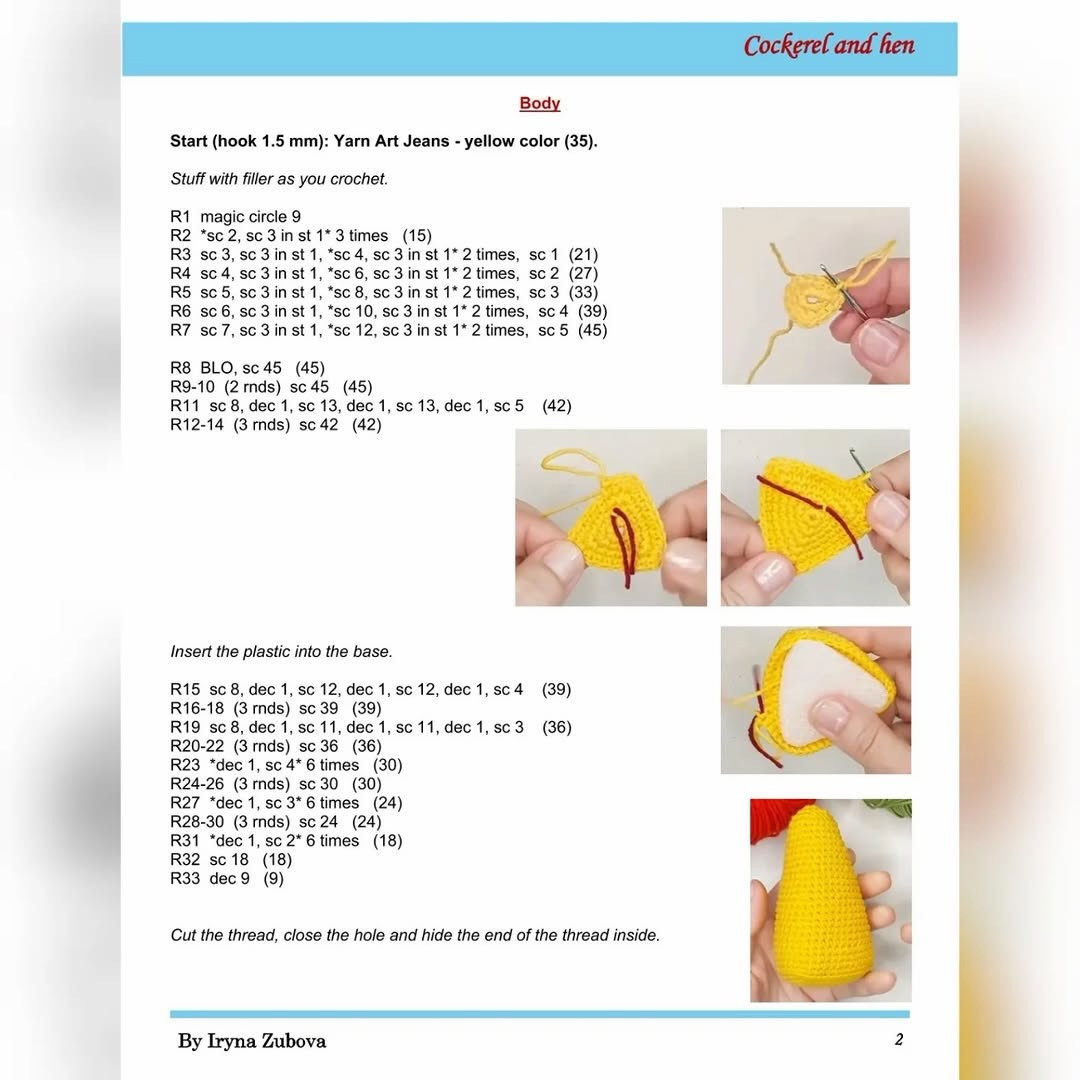 Free Crochet Pattern for Cockerel and Hen Amigurumi by Iryna Zubova