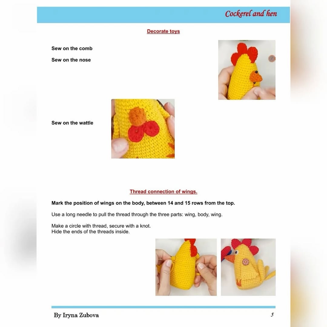 Free Crochet Pattern for Cockerel and Hen Amigurumi by Iryna Zubova