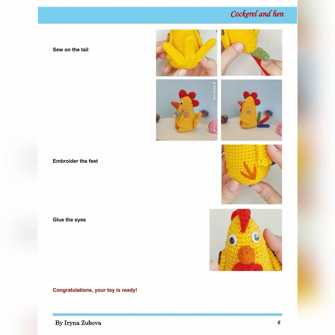 Free Crochet Pattern for Cockerel and Hen Amigurumi by Iryna Zubova