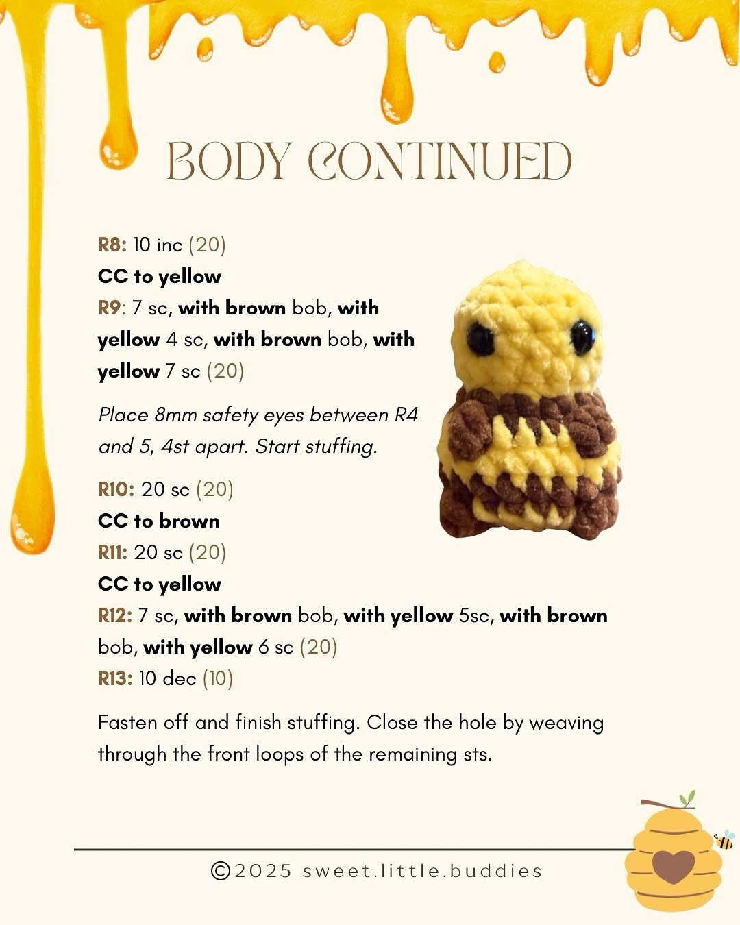 Free Crochet Pattern for Cute Amigurumi Bee Buddy with Bobble Stitch Details