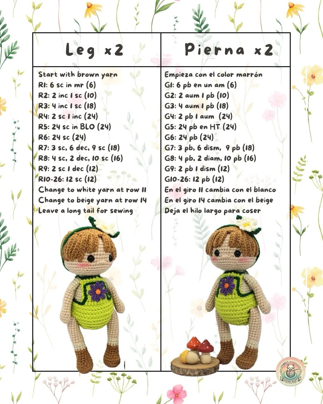 Free Crochet Pattern for Cute Amigurumi Dolls with Green Dress and Daisy Headband - English & Spanish Tutorial by Tobbys Handcraft