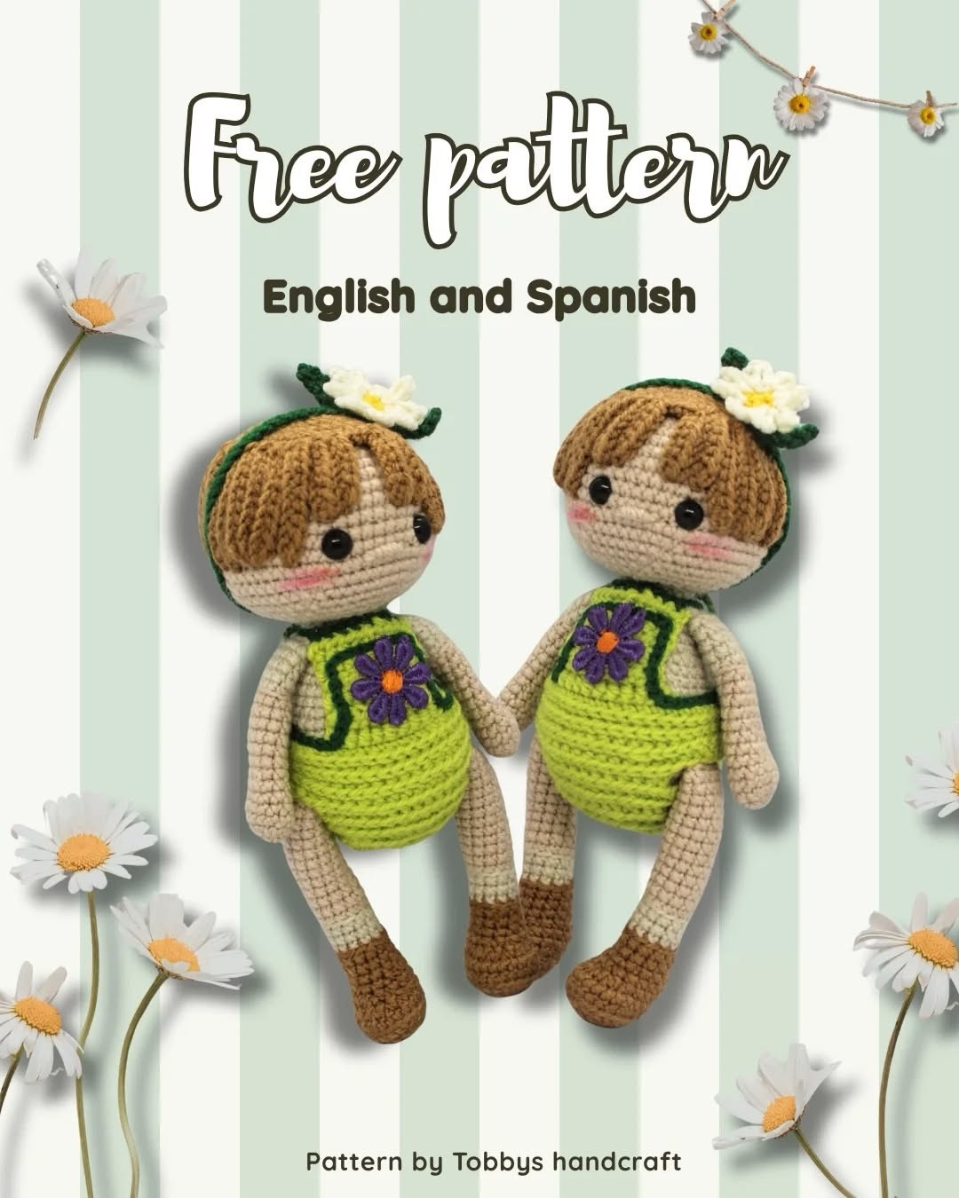 Free Crochet Pattern for Cute Amigurumi Dolls with Green Dress and Daisy Headband - English & Spanish Tutorial by Tobbys Handcraft