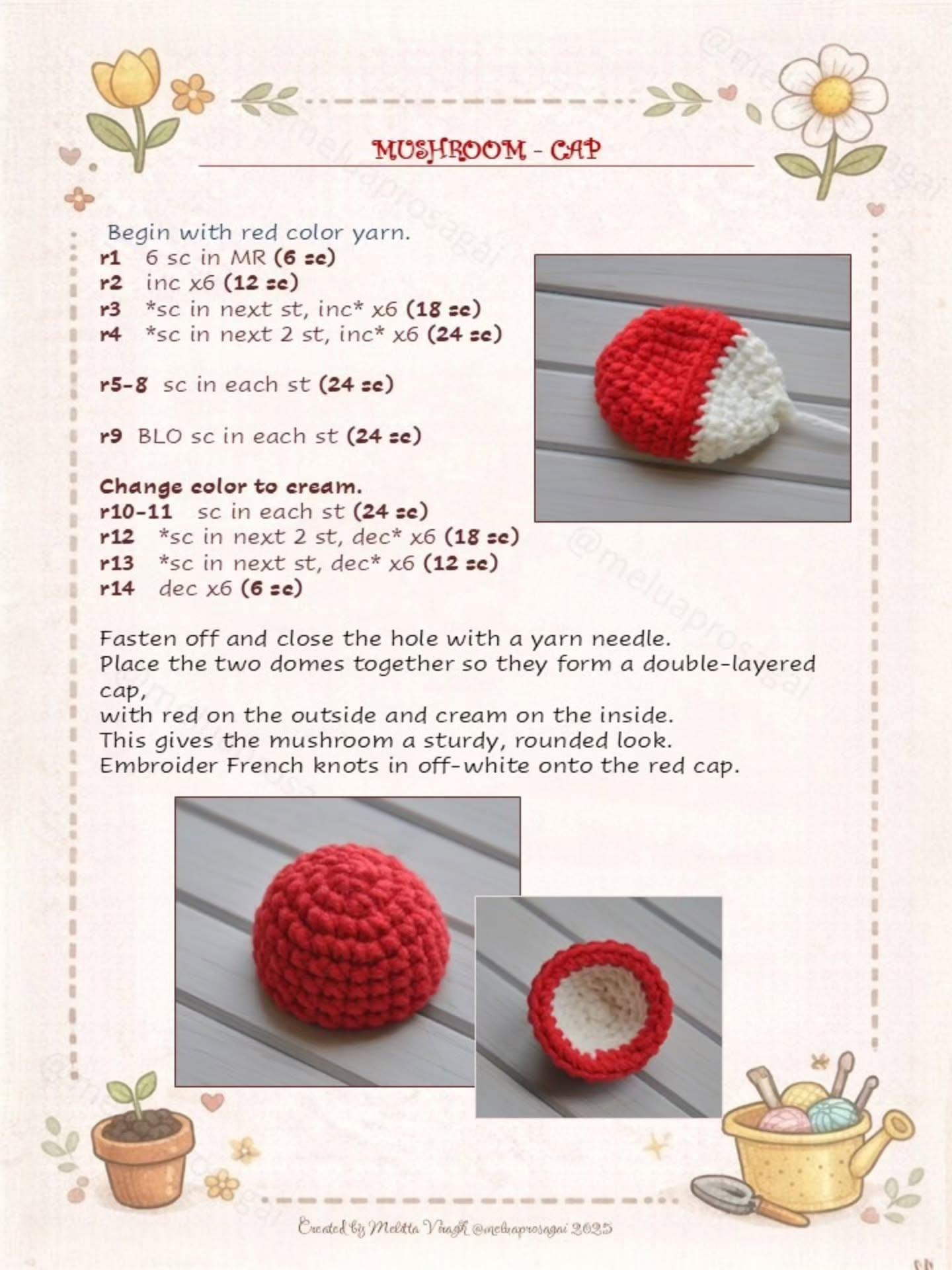 Free Crochet Pattern for Cute Amigurumi Mushroom with Red Spotted Cap and Smiling Face