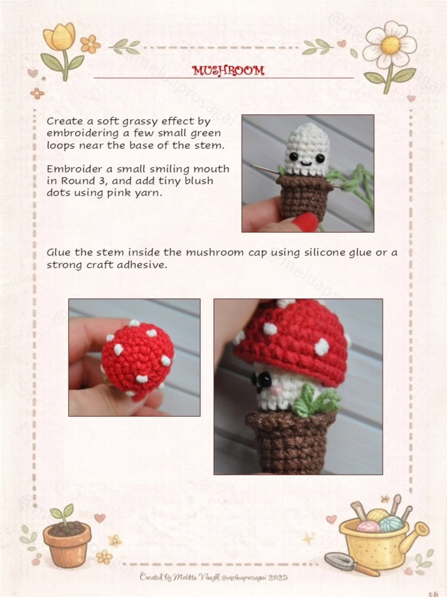 Free Crochet Pattern for Cute Amigurumi Mushroom with Red Spotted Cap and Smiling Face