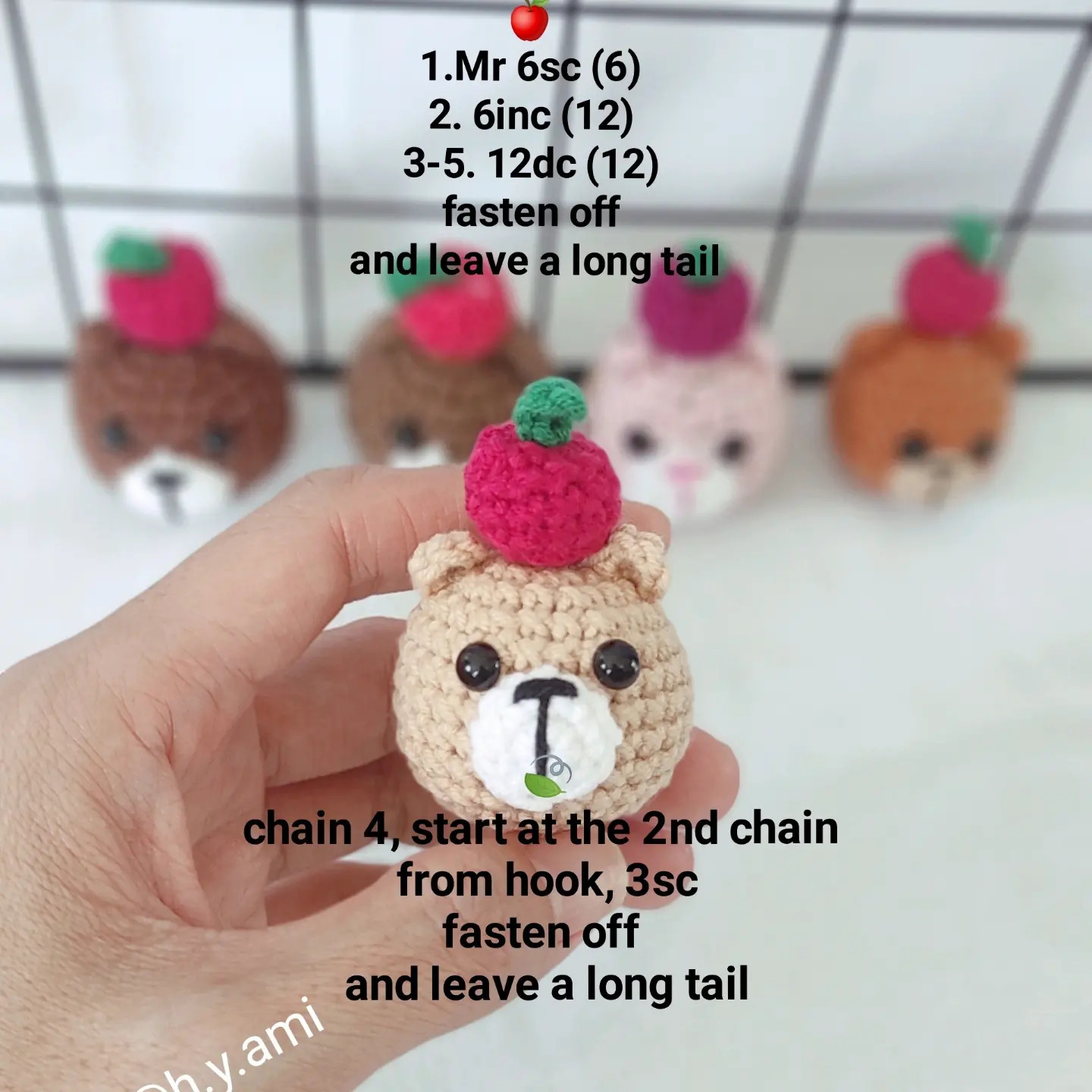 Free Crochet Pattern for Cute Apple Bears - Amigurumi Head, Ears and Apple Instructions