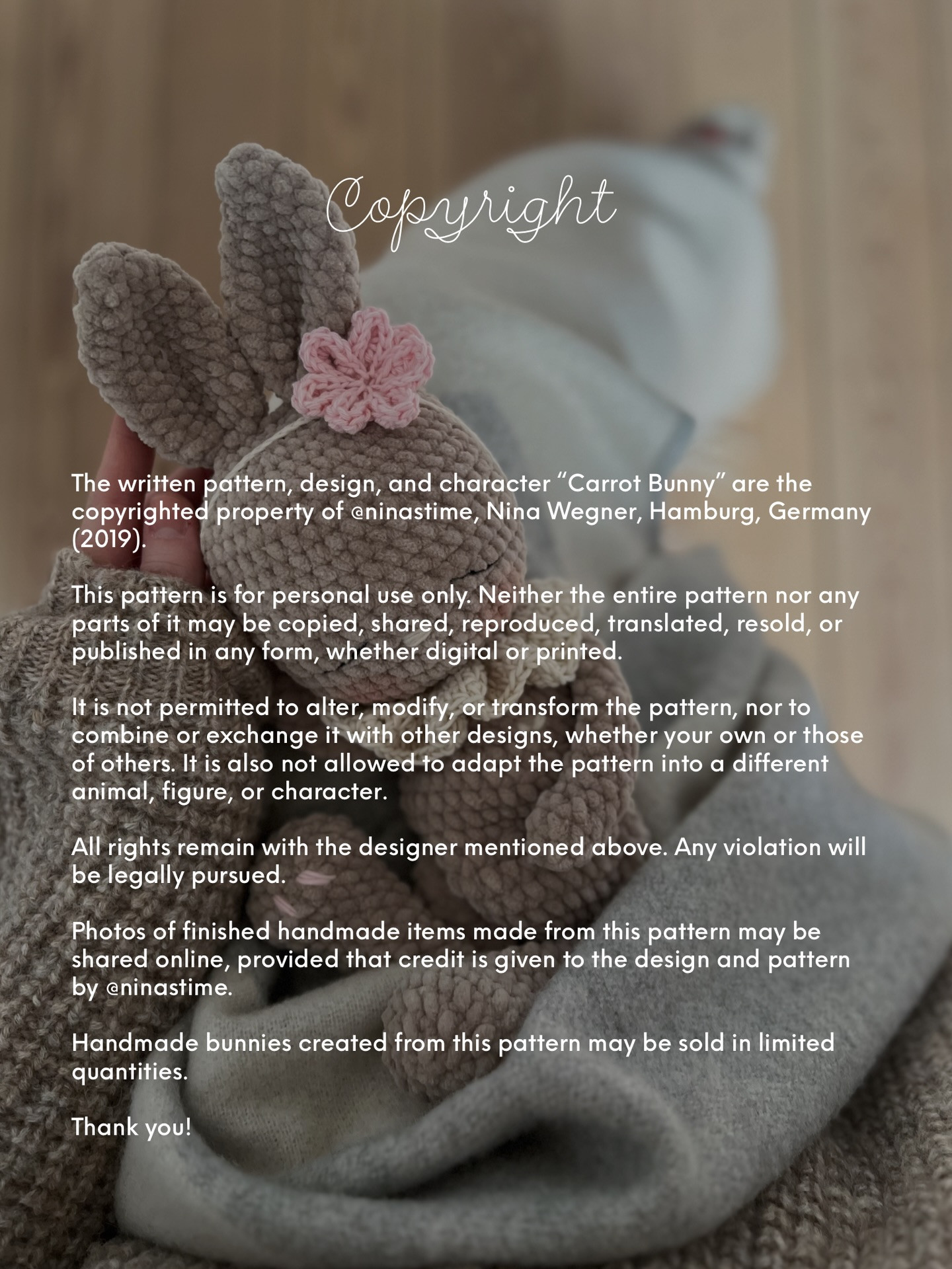 Free Crochet Pattern for Cute Beige Bunny Doll with Pink Flower and Volant Collar - US Terms