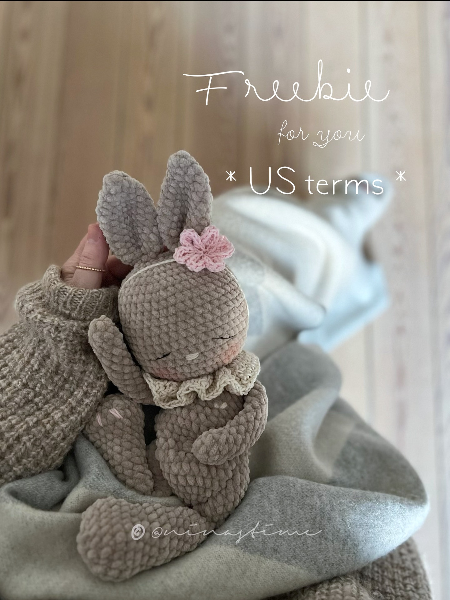 Free Crochet Pattern for Cute Beige Bunny Doll with Pink Flower and Volant Collar - US Terms