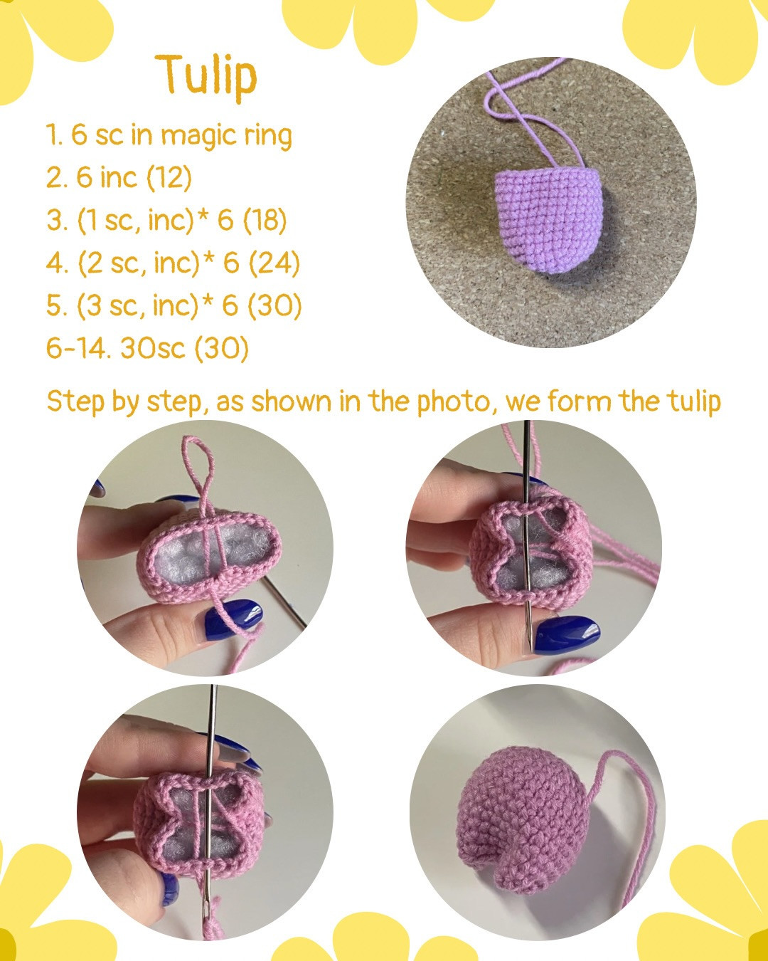 Free Crochet Pattern for Cute Cream Bunny with Yellow Tulip Flower - Amigurumi Tutorial