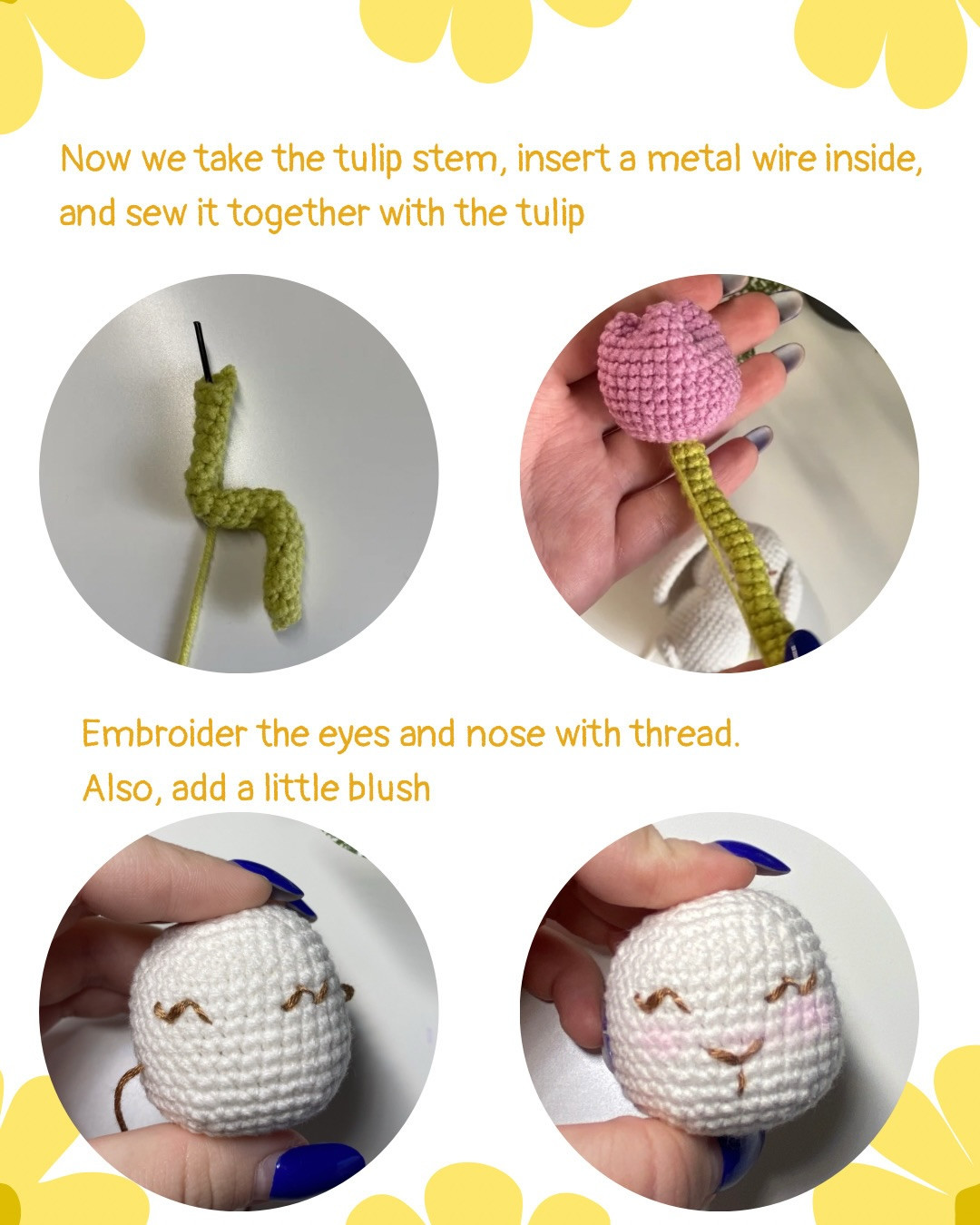 Free Crochet Pattern for Cute Cream Bunny with Yellow Tulip Flower - Amigurumi Tutorial