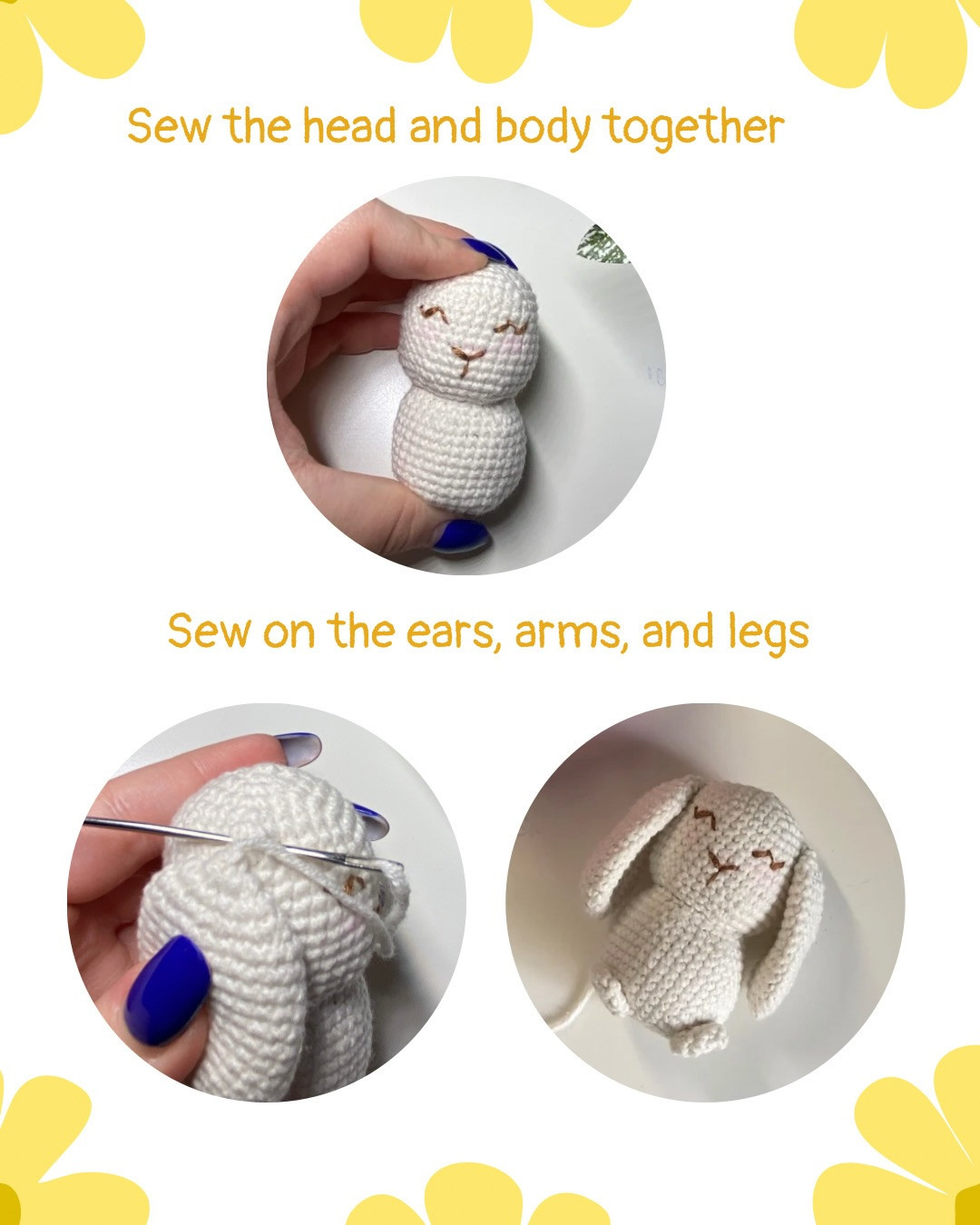 Free Crochet Pattern for Cute Cream Bunny with Yellow Tulip Flower - Amigurumi Tutorial