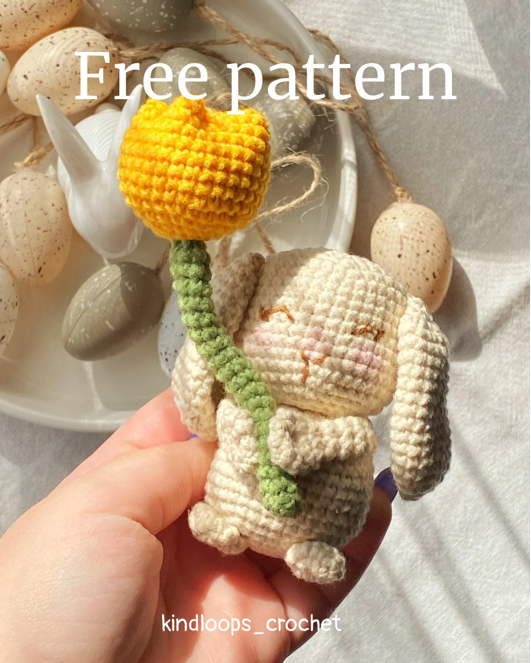 Free Crochet Pattern for Cute Cream Bunny with Yellow Tulip Flower - Amigurumi Tutorial