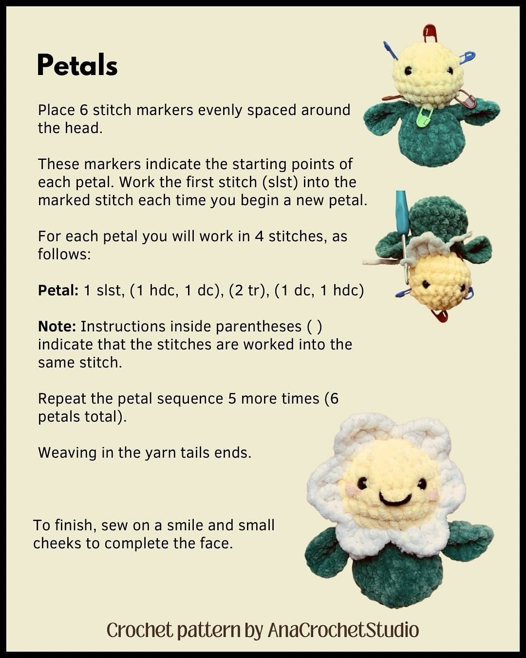 Free Crochet Pattern for Cute Daisy Flower Doll by AnaCrochetStudio - Chenille Yarn Amigurumi Tutorial