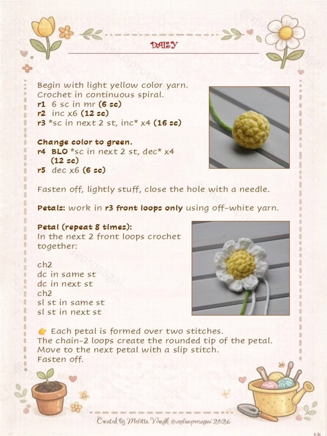Free Crochet Pattern for Cute Daisy Flower in Pot with Face