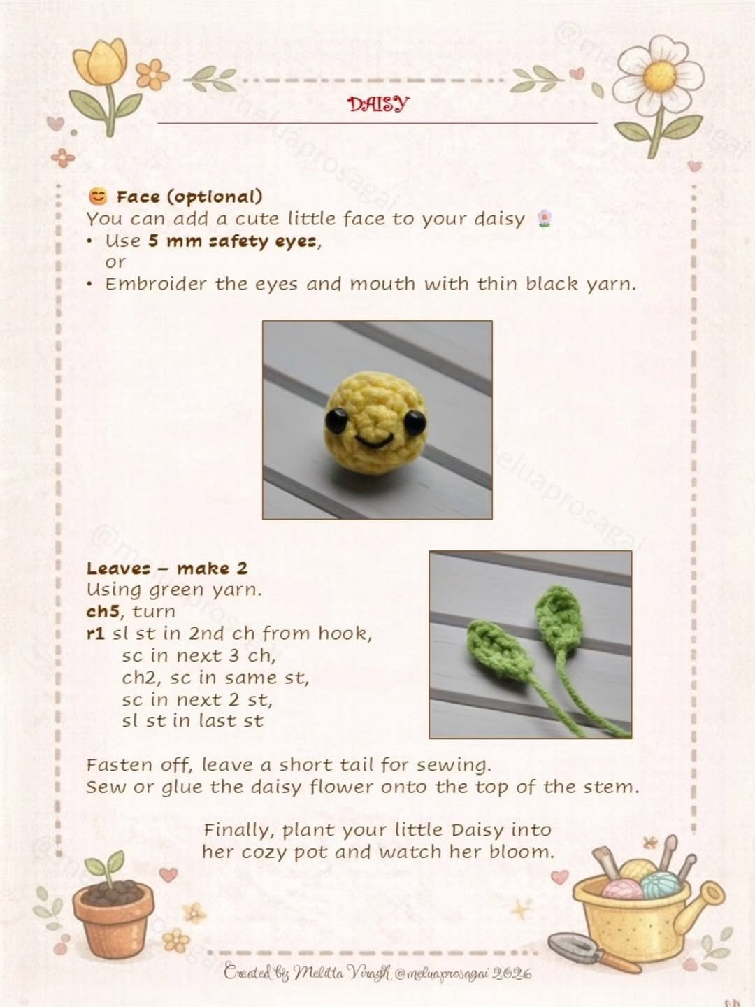 Free Crochet Pattern for Cute Daisy Flower in Pot with Face