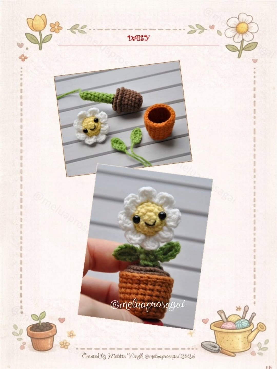 Free Crochet Pattern for Cute Daisy Flower in Pot with Face