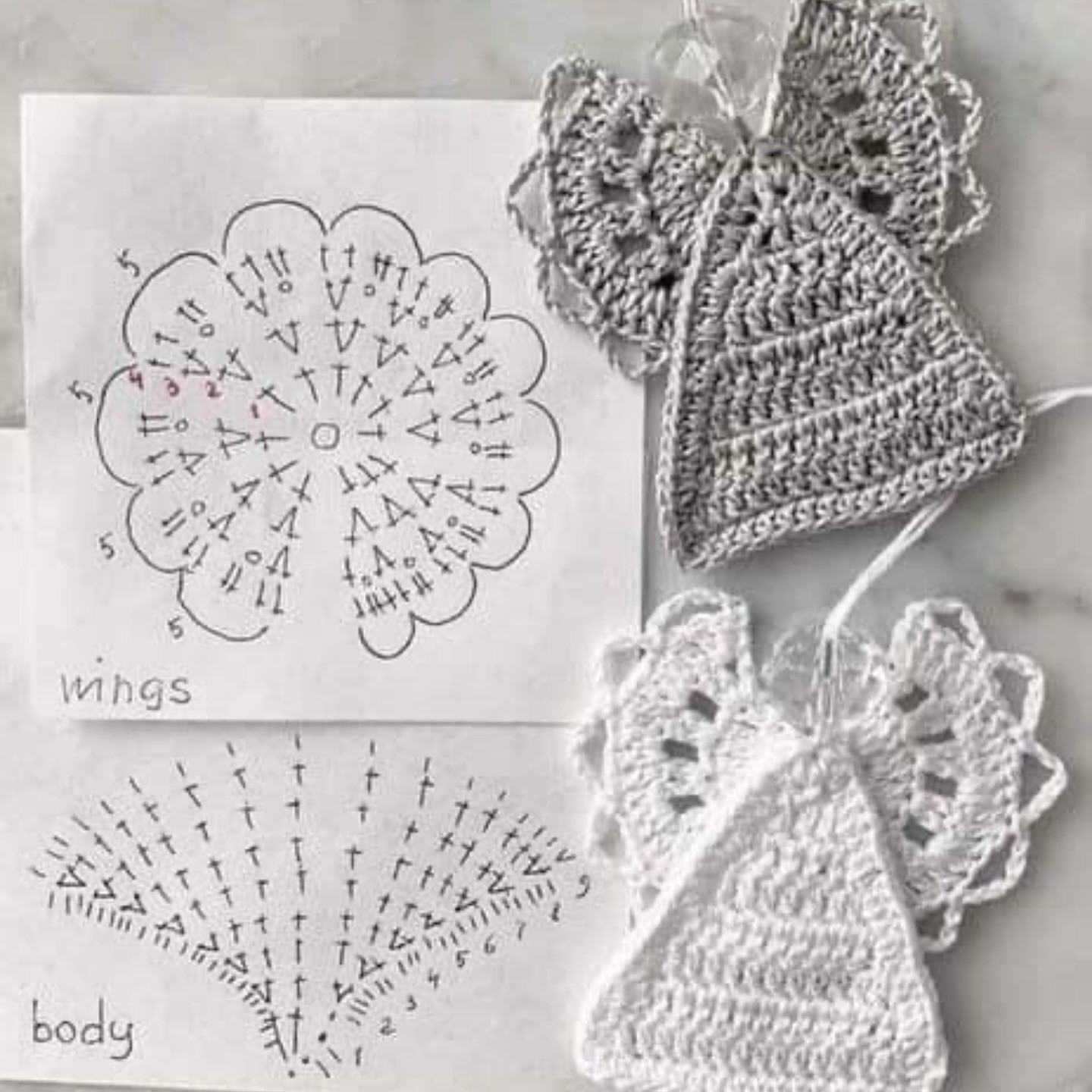 Free Crochet Pattern for Cute Fairy Ornaments with Wings and Body Charts