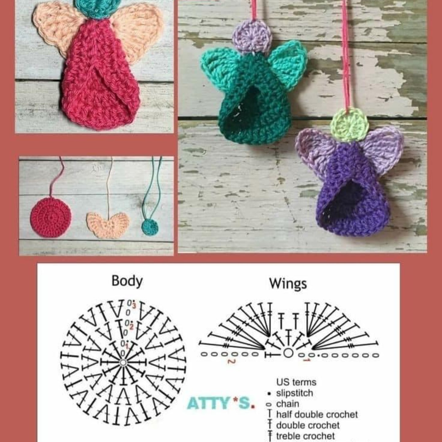 Free Crochet Pattern for Cute Fairy Ornaments with Wings and Body Charts