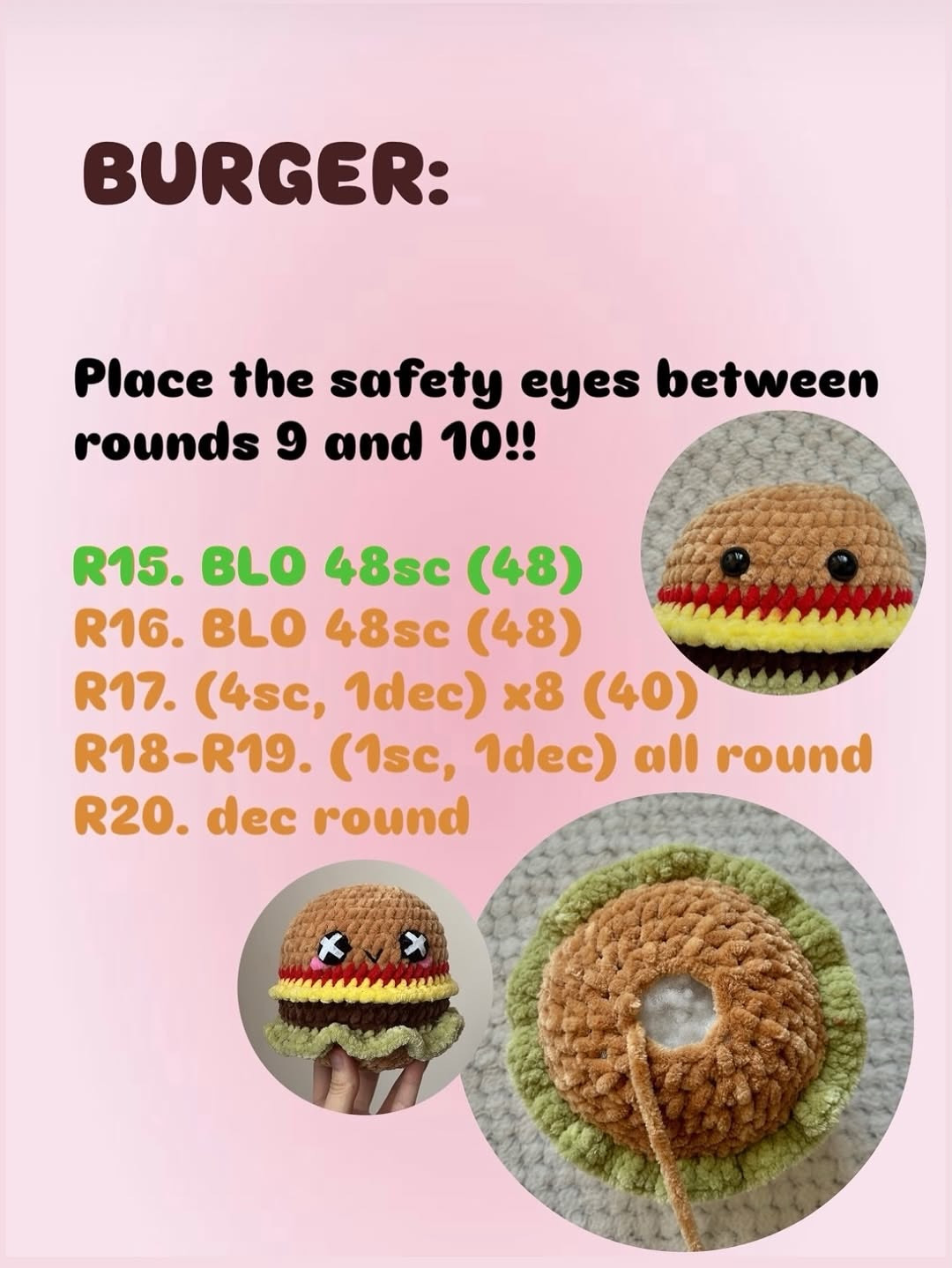 Free Crochet Pattern for Cute Kawaii Cheeseburger Amigurumi with Step-by-Step Instructions