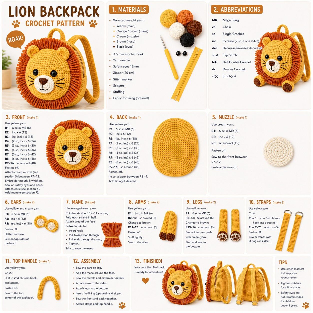 Free Crochet Pattern for Cute Lion Backpack Amigurumi with Step-by-Step Instructions