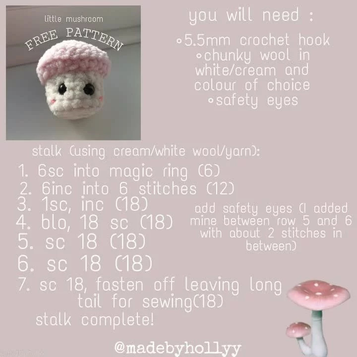 Free Crochet Pattern for Cute Little Mushroom Amigurumi with Pink and White Chunky Wool