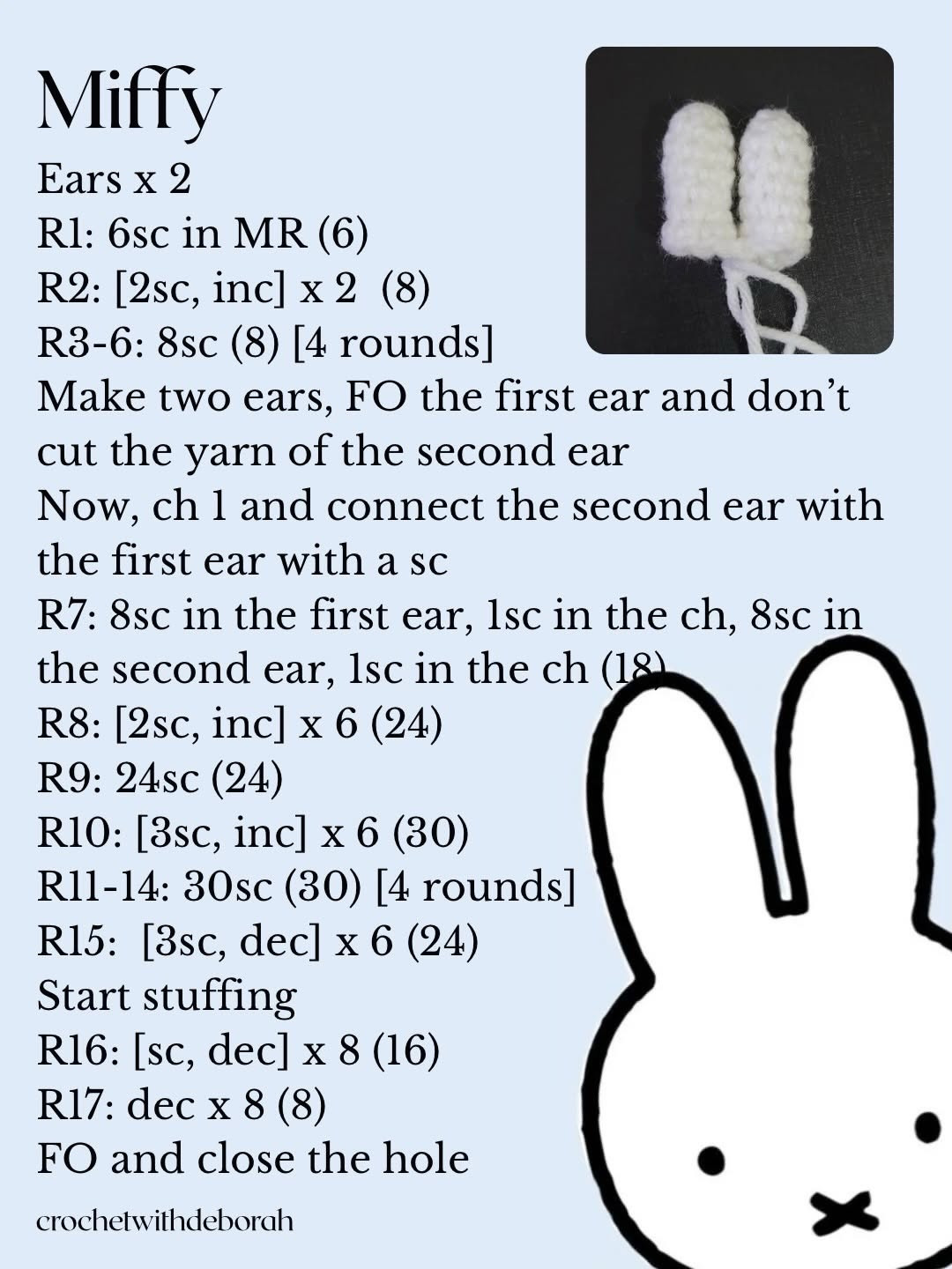 Free Crochet Pattern for Cute Miffy Rabbit Amigurumi with White Body and Blue Ears