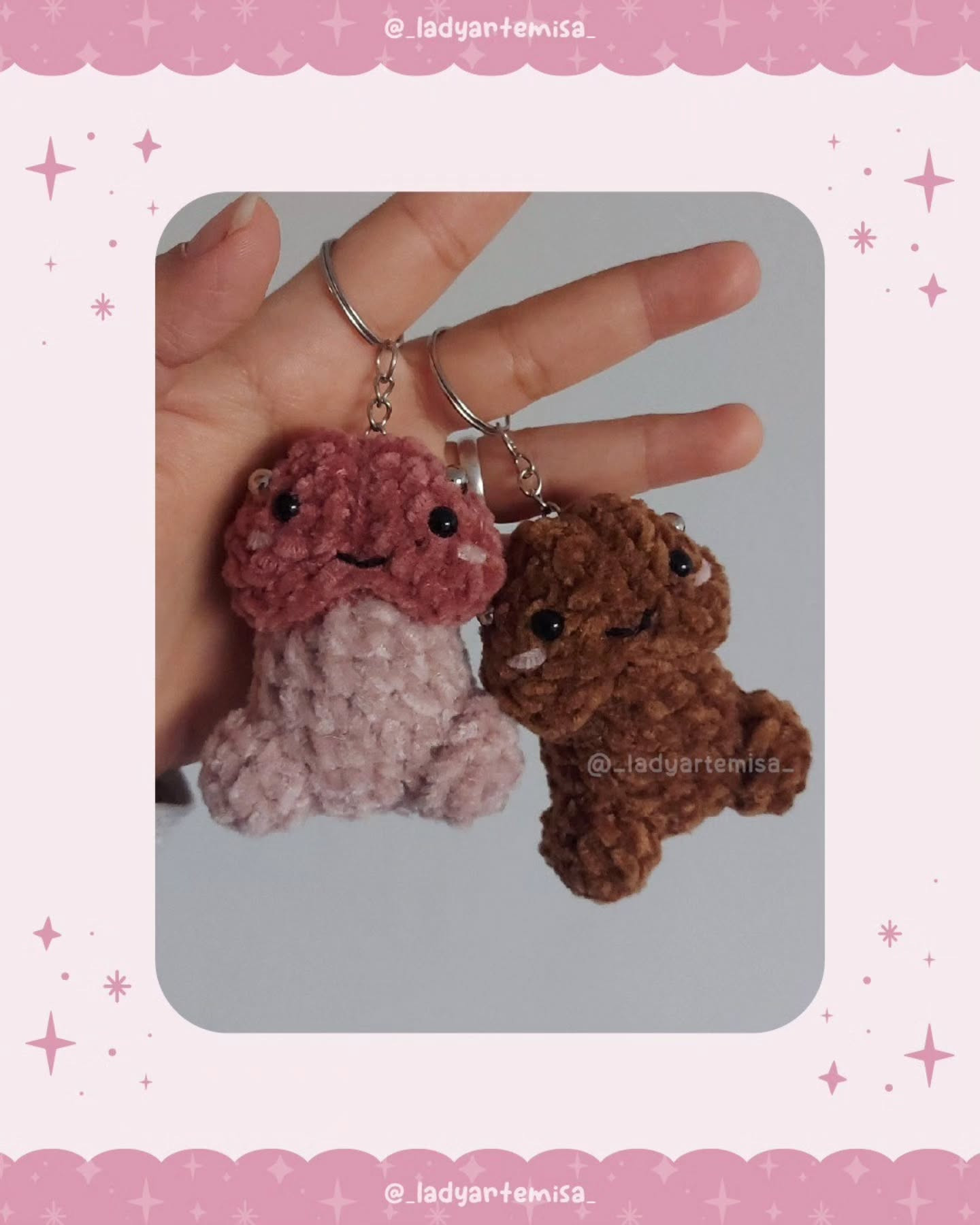 Free Crochet Pattern for Cute Penis Keychains in Pink and Brown Chenille Yarn by Lady Artemisa