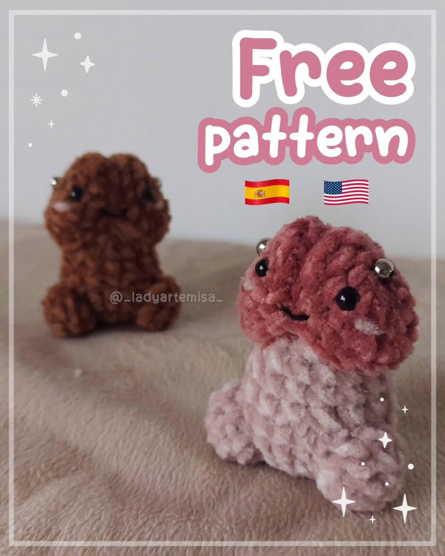 Free Crochet Pattern for Cute Penis Keychains in Pink and Brown Chenille Yarn by Lady Artemisa