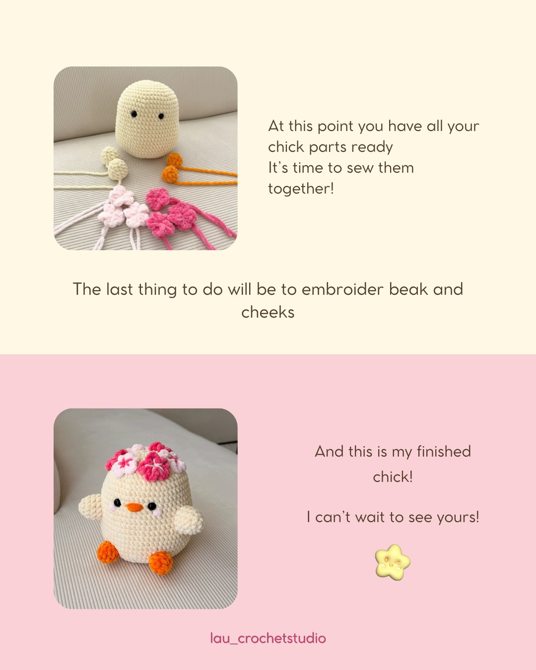 Free Crochet Pattern for Cute Round Chick with Pink Flower Crown Amigurumi Doll