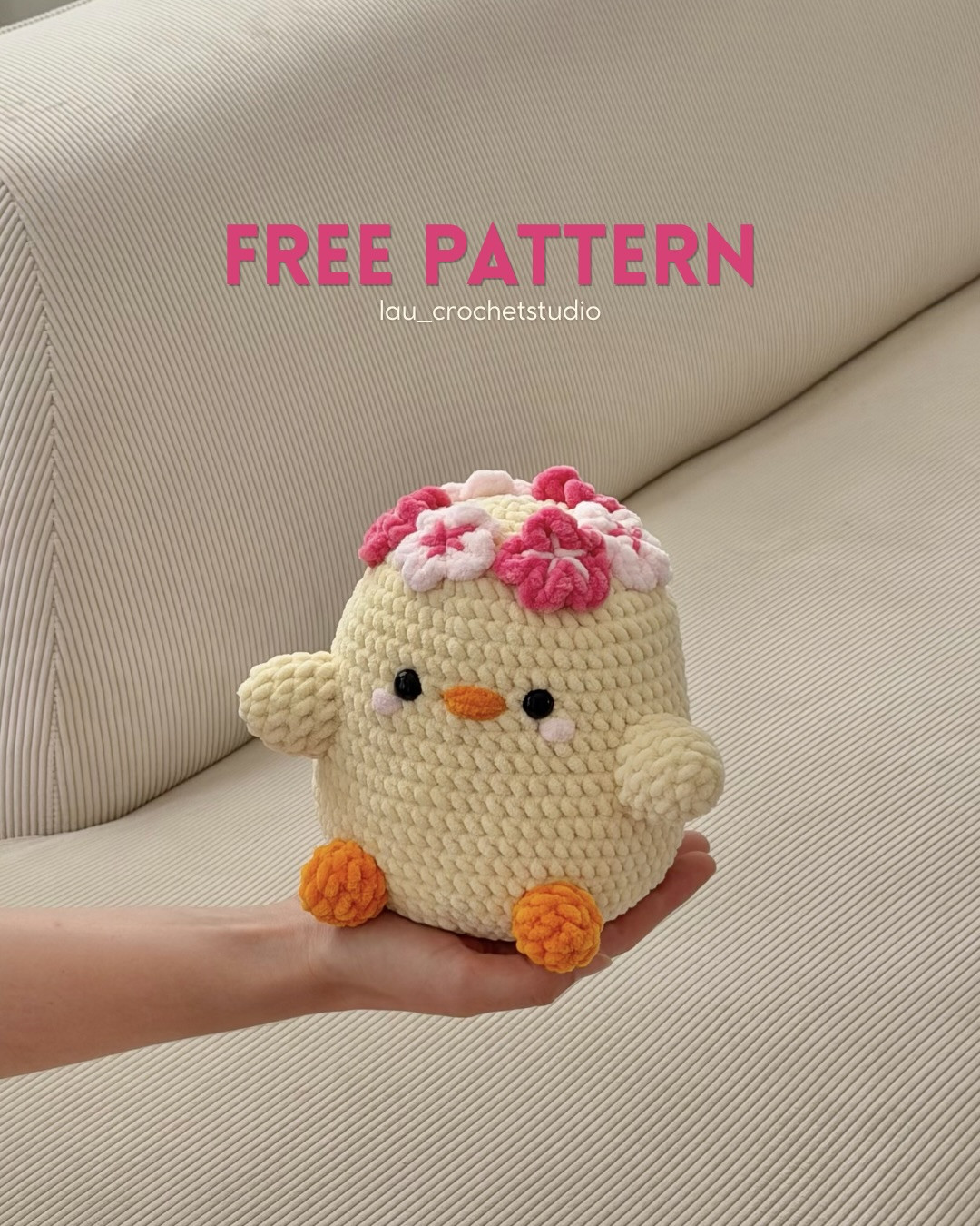 Free Crochet Pattern for Cute Round Chick with Pink Flower Crown Amigurumi Doll