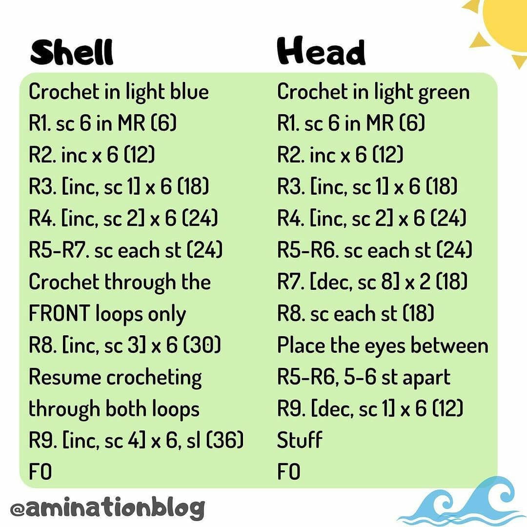 Free Crochet Pattern for Cute Sea Turtle Amigurumi with Blue Shell and Green Body