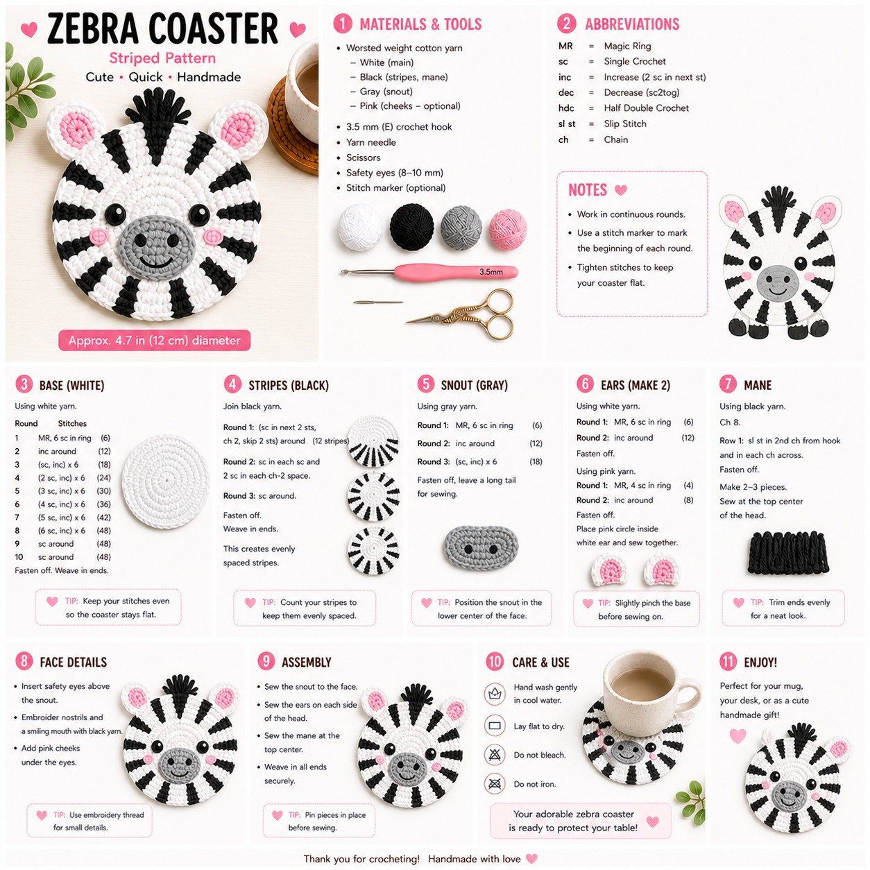 Free Crochet Pattern for Cute Zebra Coaster with Striped Design