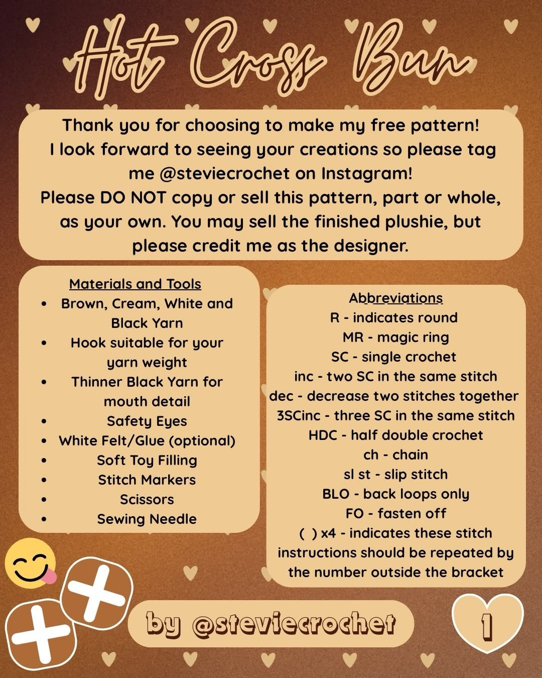 Free Crochet Pattern for Hot Cross Bun Amigurumi Plushie by @steviecrochet