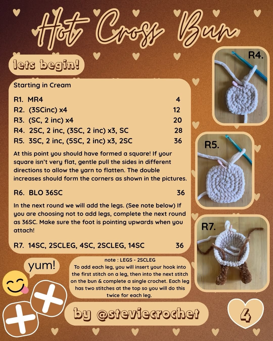 Free Crochet Pattern for Hot Cross Bun Amigurumi Plushie by @steviecrochet