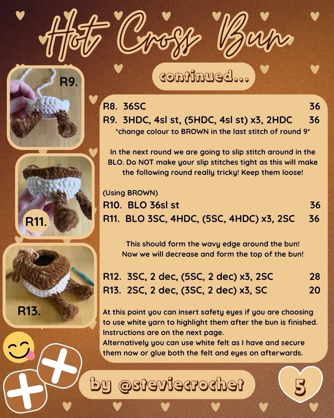 Free Crochet Pattern for Hot Cross Bun Amigurumi Plushie by @steviecrochet