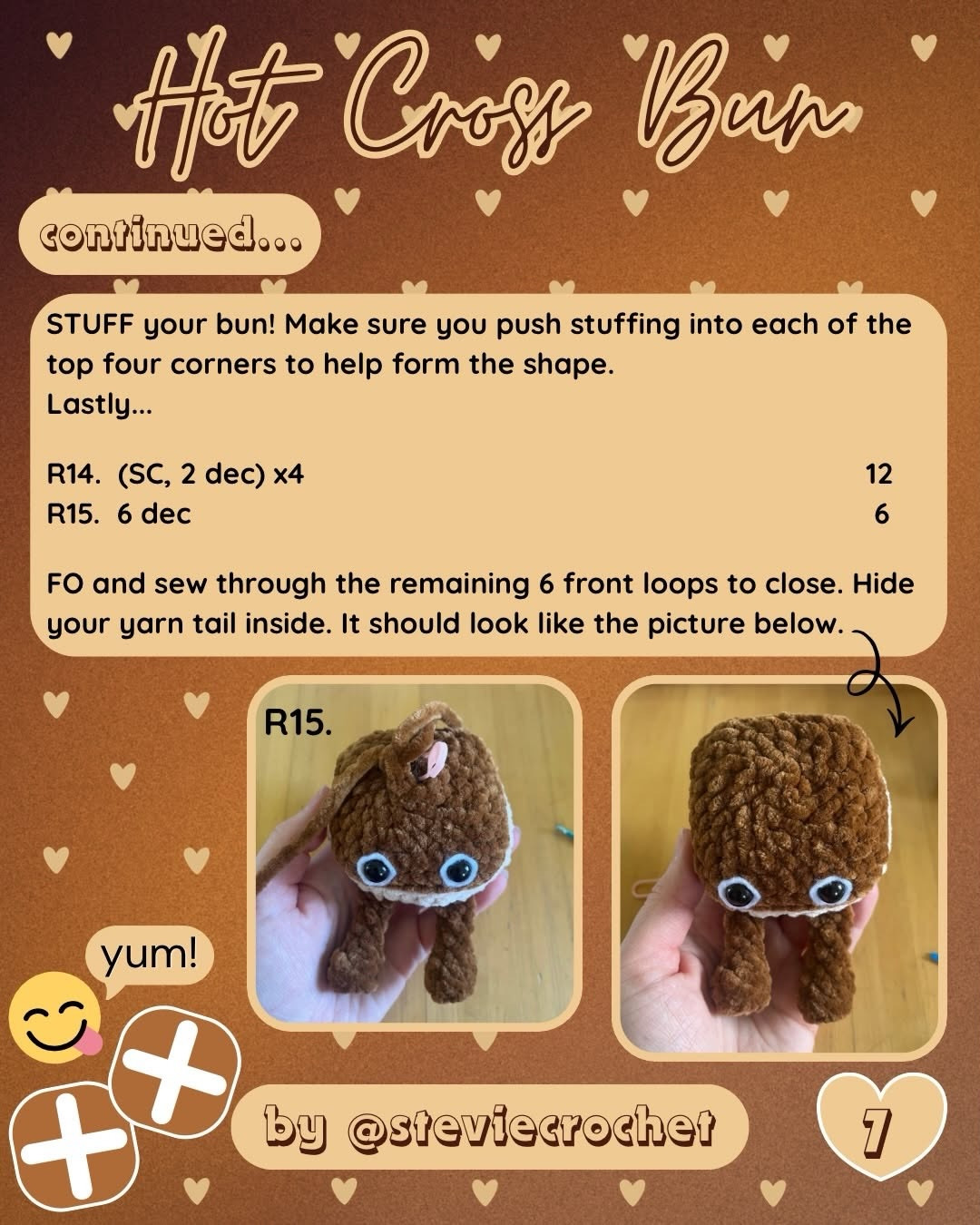 Free Crochet Pattern for Hot Cross Bun Amigurumi Plushie by @steviecrochet