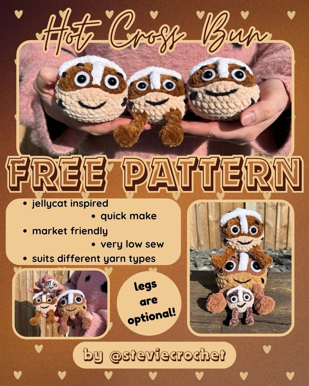 Free Crochet Pattern for Hot Cross Bun Amigurumi Plushie by @steviecrochet