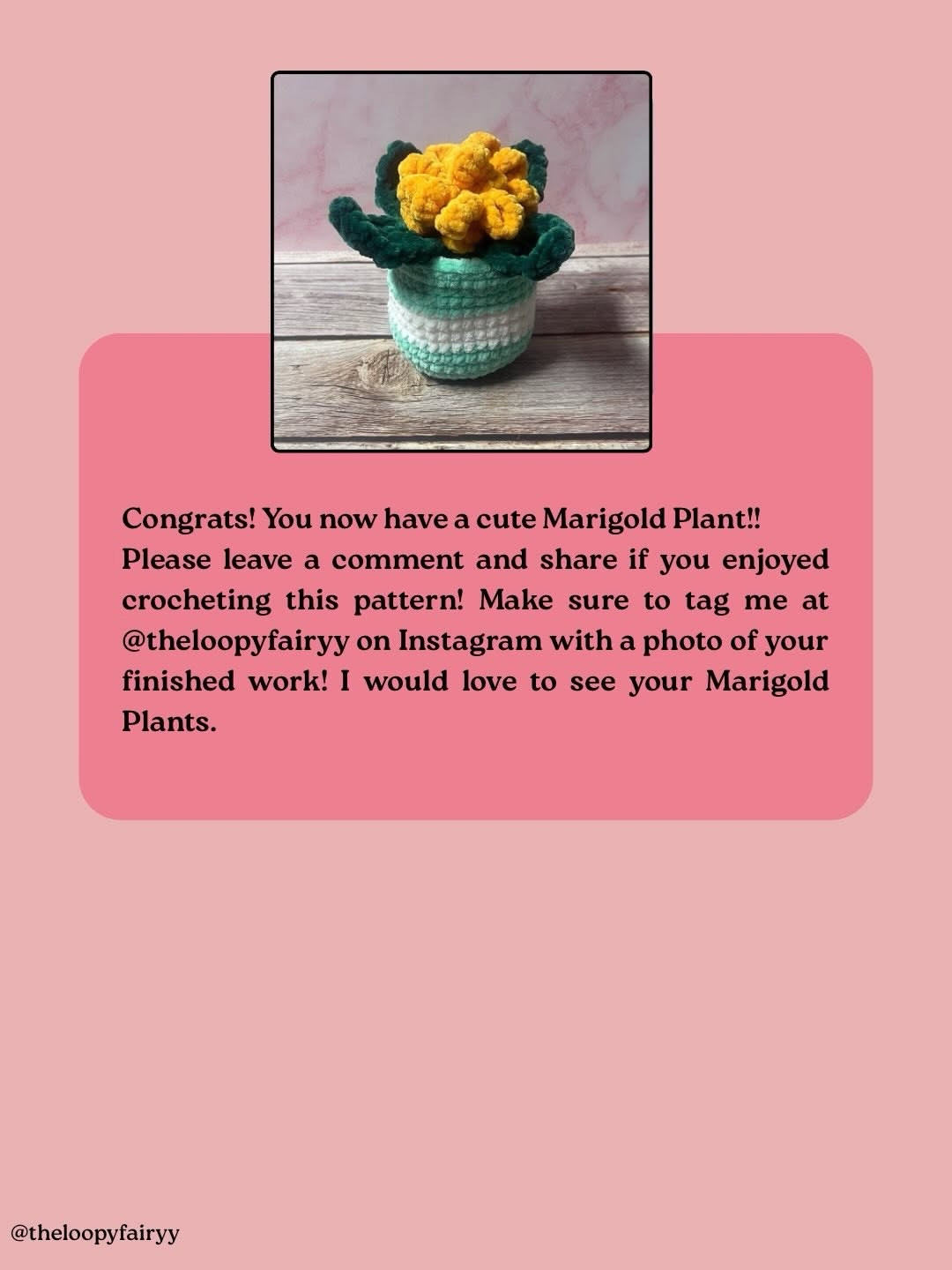Free Crochet Pattern for Marigold Plant in Pot with Yellow Flower and Green Leaves