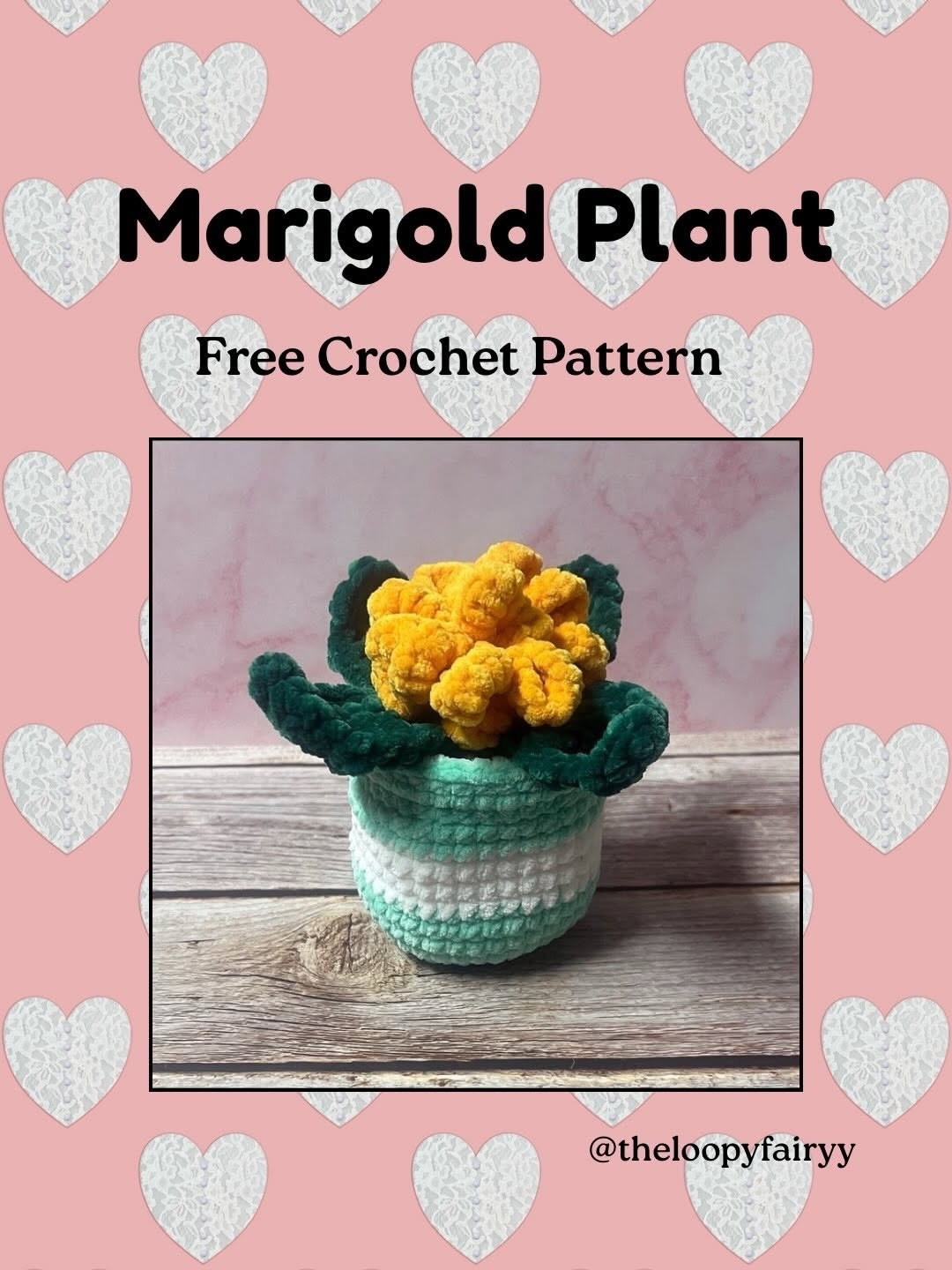 Free Crochet Pattern for Marigold Plant in Pot with Yellow Flower and Green Leaves