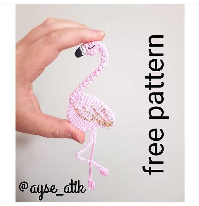 Free Crochet Pattern for Miniature Pink Flamingo Brooch with Gold Wire Wings
