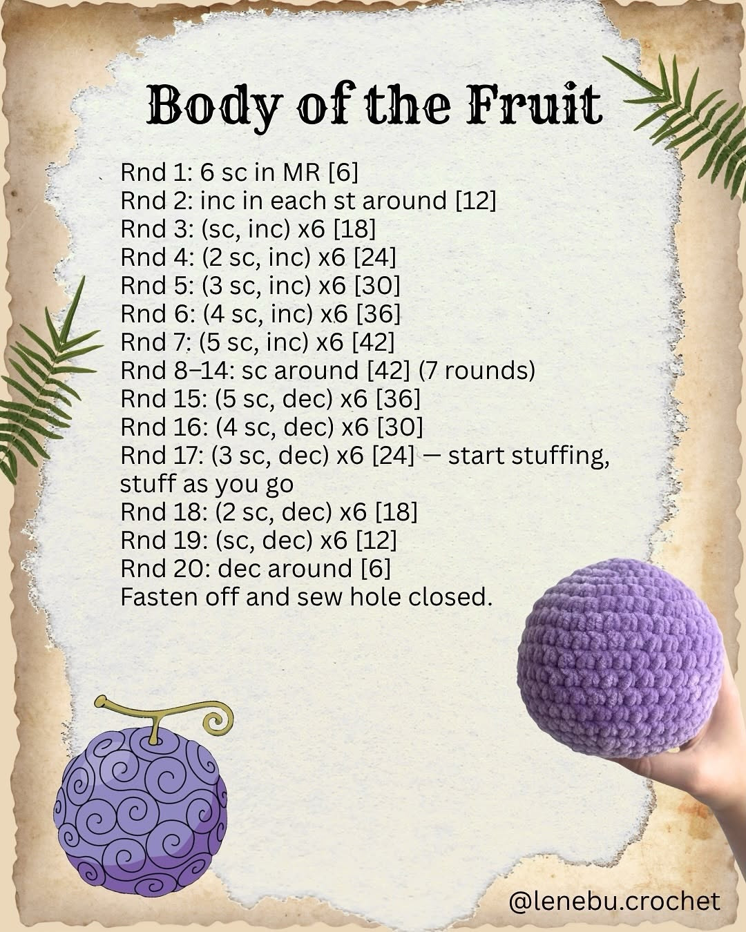 Free Crochet Pattern for One Piece Devil Fruit Plushie Made with Chenille Yarn